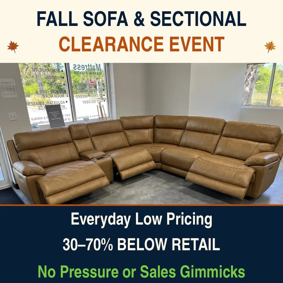 Fall Sofa and Sectional Clearance Event ad: everyday low pricing, 30 to 70 percent below retail, no pressure or sales gimmicks