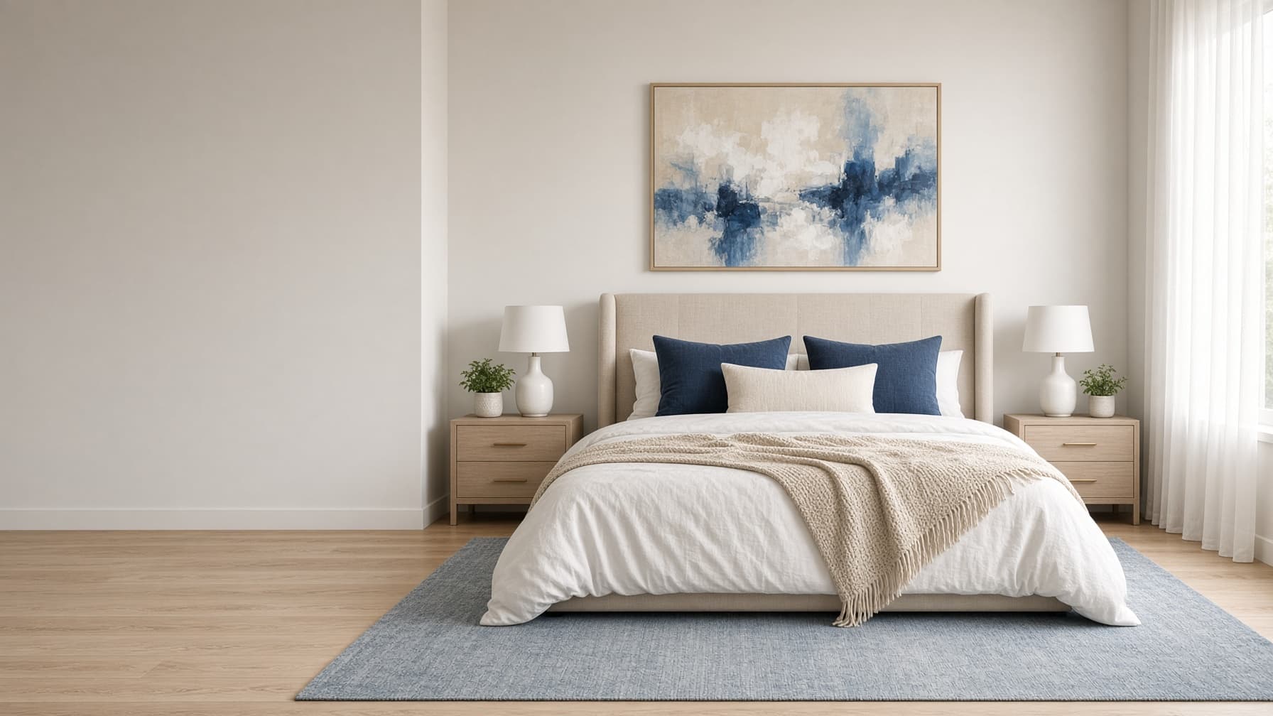 A queen-size bed dressed in a Daytona Beach bedroom, the size most couples try at BoxDrop